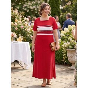 Talbots Petites Red White Striped Square Neck Cotton Maxi T-Shirt Dress Large
